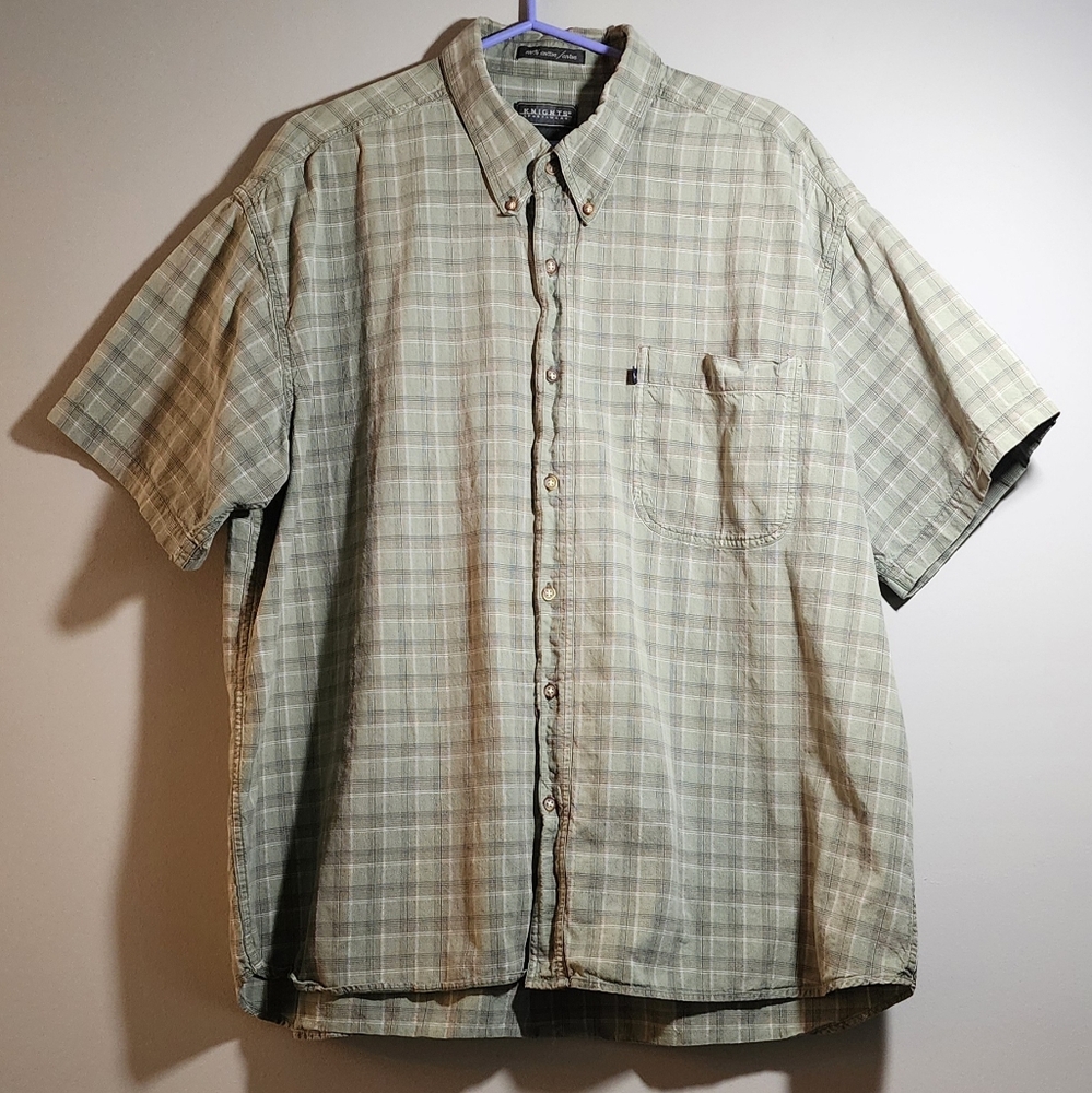 2XL Vintage Green Plaid Short Sleeve Button-Up Shirt by Knights Sportswear